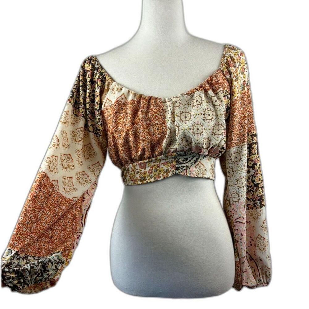 Altar'd State Boho Patchwork Print Crop Top Size M Balloon Sleeve Festival